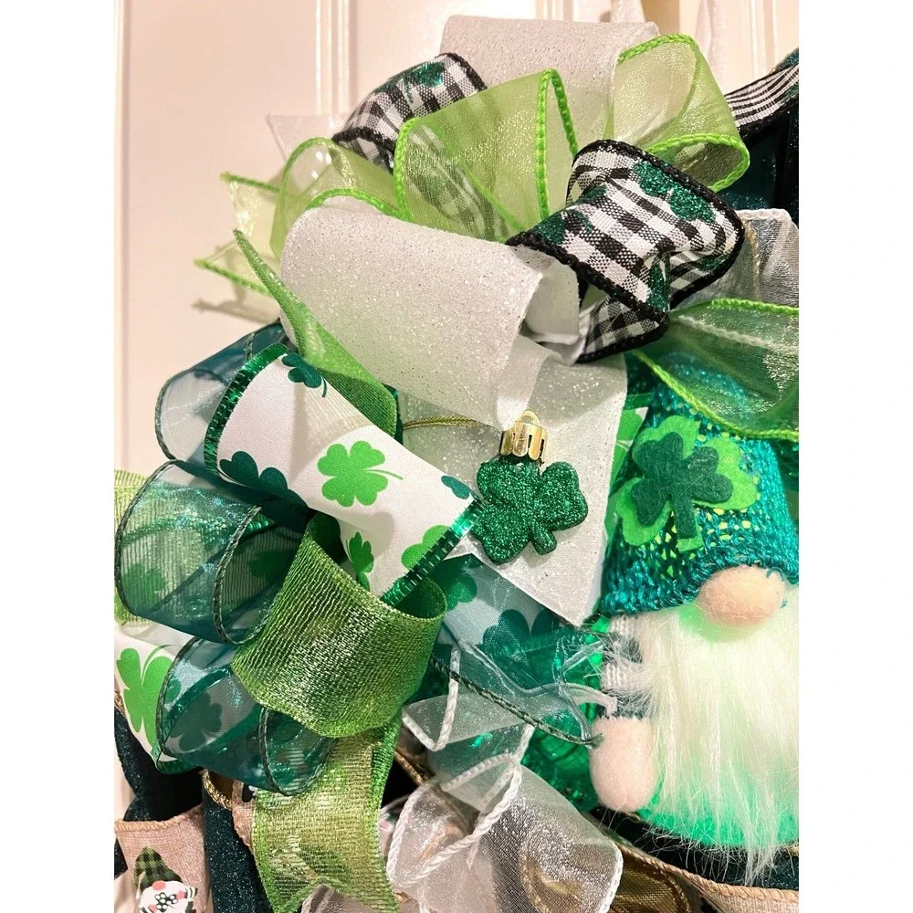 13” St. Patrick’s Day Ribbon Wreath Gnomes : Green & White Handmade MW9